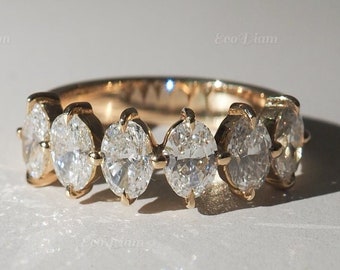 Oval Cut Lab Grown Diamond Half Eternity Wedding Band, Made In 14k Solid Yellow Gold Dainty CVD Diamond Proposal Band, Anniversary Gift
