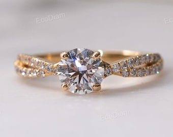 0,85 karat rund förlovningsring med labbodlad diamant för kvinnor, twisted shank promise ring, pavebandpresent till henne, jubileumssmycken
