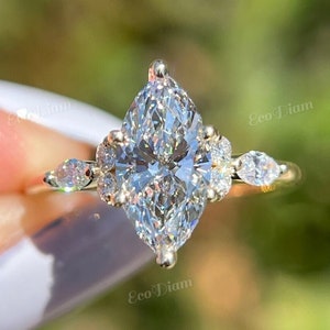 Lab Grown 2.04 CT Marquise Cut Diamond Engagement Ring with Side Round Diamond, 7 Stone Cluster Wedding Ring for Women, Anniversary Gift