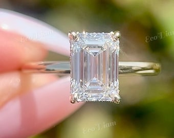 2CT Emerald Cut Lab Grown Diamond Hidden Halo Solitaire Engagement Ring in 14K Solid Gold, IGI Certified Radiant Diamond, Anniversary Ring