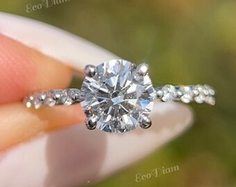 1.20 CT Round Cut Lab Grown Diamond Solitaire Engagement Ring, Floating Bubble Pave Set, Lab Grown Diamond Ring For Women, Anniversary gift