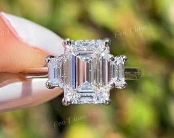3.05 CT Emerald Cut Lab Grown Diamond Ring, Three Stone Diamond Engagement Ring, Side Emerald Cut Diamond, Wedding Ring, Anniversary Ring