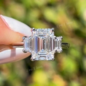 3.05 CT Emerald Cut Lab Grown Diamond Ring, Three Stone Diamond Engagement Ring, Side Emerald Cut Diamond, Wedding Ring, Anniversary Ring