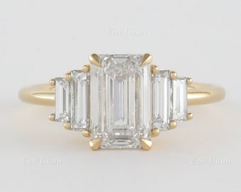 2 CT Emerald Cut Baguette Lab Grown Diamond Ring, Unique Five Stone Engagement Ring, CVD Diamond 14K Solid Gold Wedding Ring For Woman