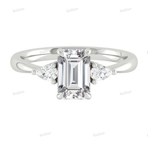 1CT Emerald Cut Lab Grown Diamond Engagement Ring, Three Stone Lab Created Diamond Wedding Band, Side Pear Diamonds 14k White Gold Gift For