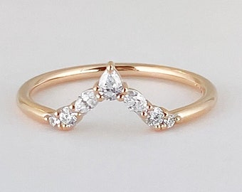 Lab Grown Diamond Wedding Band, Vintage Curved Marquise To Round Cut Stackable Half Eternity Ring, Pear Cut Lab Grown Diamond Band