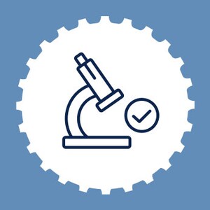 May include: A white cog icon with a blue outline, containing a black and white line drawing of a microscope with a tick inside a circle to the right of the microscope.