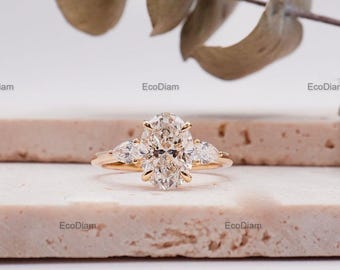 Lab Grown Diamond 3 Stone Ring, 2 Ct Oval and Pear Cut Engagement Ring, Lab Diamond Proposal Jewelry, VVS Clarity, HPHT/CVD Growth