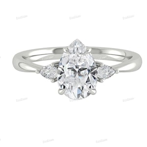 Pear Lab Diamond Three Stone Engagement Ring, Certified Lab Grown Diamond With Pear Accent 14K Solid Gold Anniversary Gift, For Her