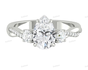Förlovningsring med labbodlad diamant, päronslipad ring, tvinnad paveband, rund trestens CVD-labbdiamant för frieri, brudsmycken