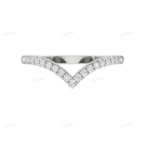 Curved Wedding Band With Round Cut Lab Grown Diamonds, Chevron Half Eternity Ring, V Shape Gold Engagement Band, Handmade Jewelry For Women