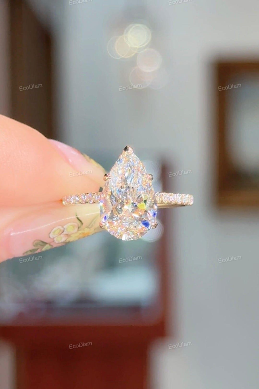 2ct Pear Lab Grown Diamond Engagement Ring With Hidden Halo and Diamond ...