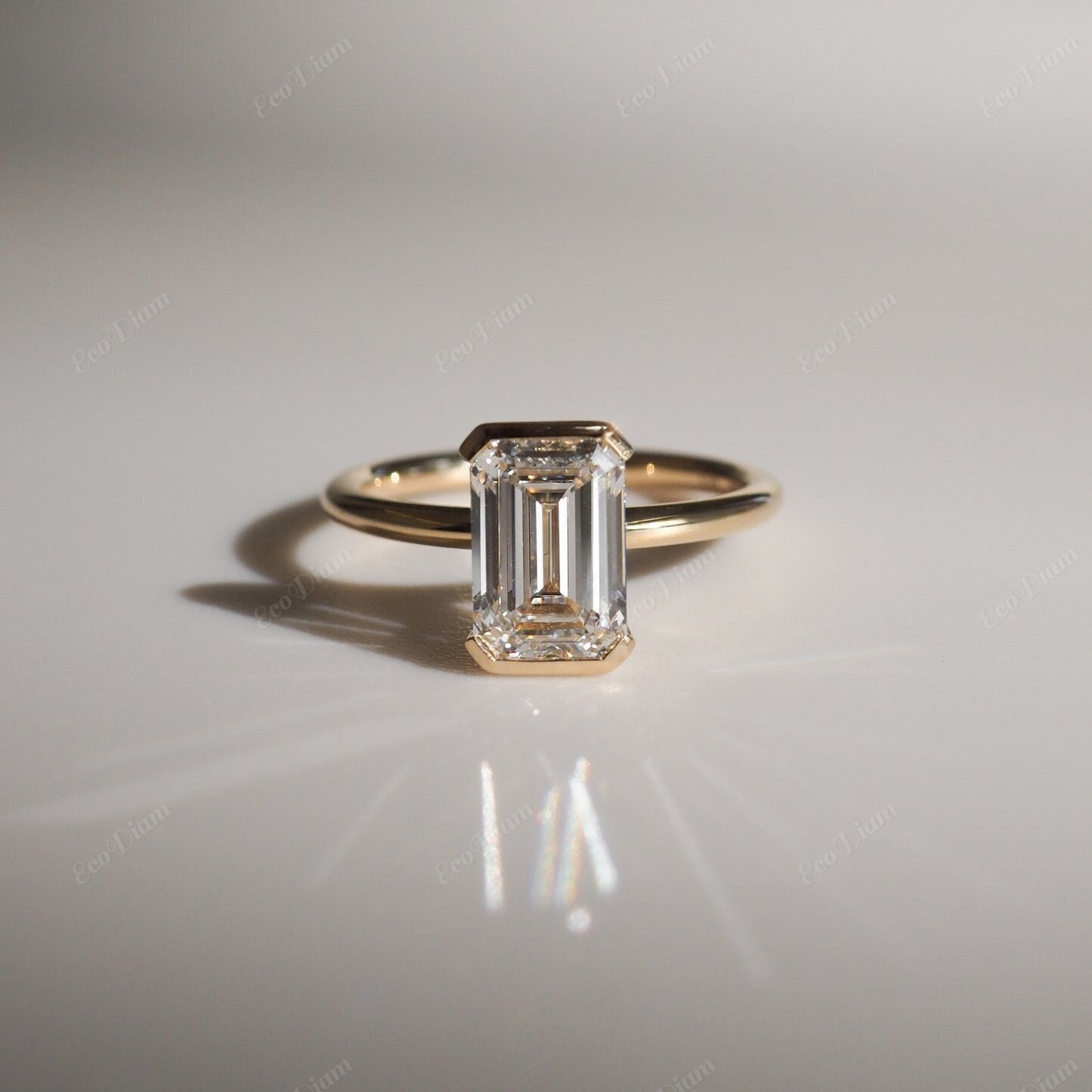 1.50CT Emerald Cut Lab Grown Diamond Engagement Ring, 14K Yellow Gold Diamond Ring, Half Bezel Set Promise Ring, Anniversary Ring, For Gift