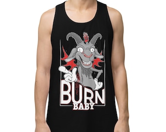 May include: Black tank top featuring a cartoon goat with gray fur, red accents, and the text "BURN BABY" in white. The goat is giving a hand gesture. The tank top is made of a soft material.