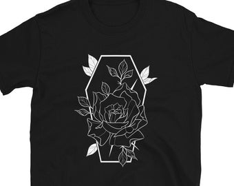Coffin and Roses Goth T-Shirt, Hand Drawn Design