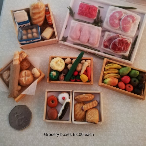 Grocery miniature food boxes: fruit, vegetables, bread, meat, bakery, milk, eggs