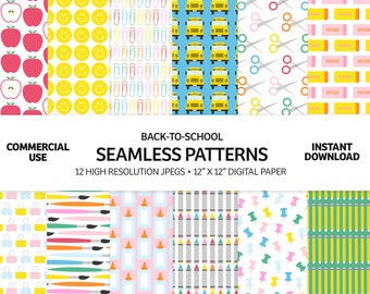 Back To School Digital Paper | Digital Scrapbook Paper | Digital Paper Pack | Seamless Pattern Bundle | Commercial Use | A002