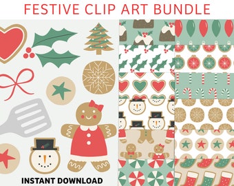 Christmas Baking Clipart Bundle | Christmas Cookies Seamless Repeat Pattern | Holiday Theme Digital Paper | Commercial Use Christmas Clipart