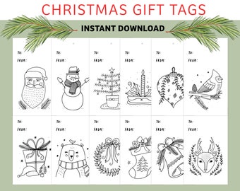 Printable Christmas Tags | Print & Color Holiday Gift Tags | Tags for Christmas | Digital Gift Tags | Instant Download