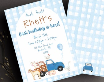 Blue Truck Birthday Invitation: Gingham Farm Animals (Digital Download)
