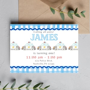 Calling all units police car birthday invitation, cute police birthday theme, instant download, blue and white birthday invite, policeman
