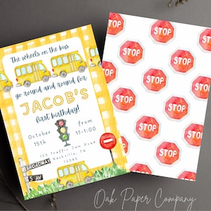 Wheels on the bus birthday invitation, wheels go round and round birthday invite, first birthday invitation, cute yellow bus invitation