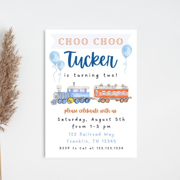 Choo choo turning two birthday invite train birthday invitation instant download