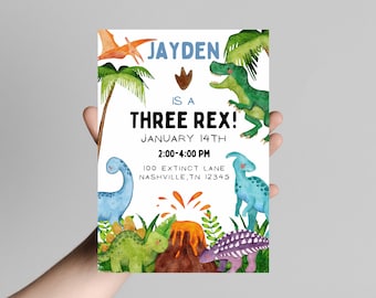 Three Rex dinosaur birthday invitation editable printed Dino kids invites,DINOSAUR PRINTED INVITES, 3rd birthday Dino invite, three rex