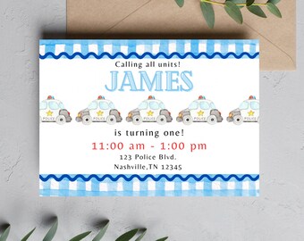 Calling all units police car birthday invitation, cute police birthday theme, instant download, blue and white birthday invite, policeman