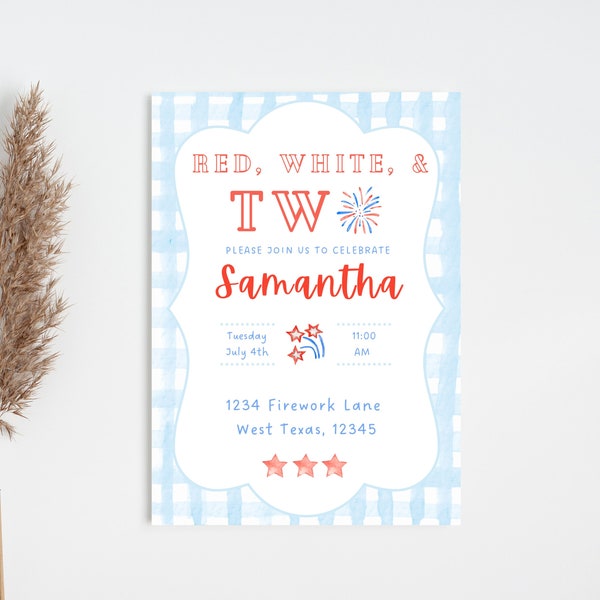 Red, white, and TWO birthday invitation instant download Blue gingham Fourth of July birthday invitation preppy invites southern gingham