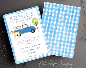 Blue Truck Birthday Invitation: Gingham Farm Animals (Digital Download)