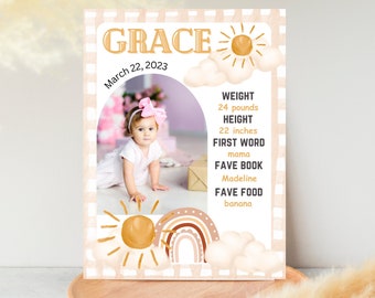 Placa de comemoração do primeiro aniversário em arco-íris Boho (PDF editável)
