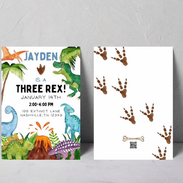 Three Rex dinosaur birthday invitation editable printed Dino kids invites