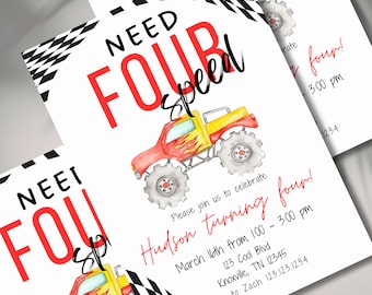 Invitación de cumpleaños de Need for Speed, invitación para fiesta de cumpleaños de Monster Truck de 4º cumpleaños, plantilla digital de descarga de Flame Truck Racing, cumpleaños de niño de 4º cumpleaños