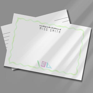 May include: A white rectangular notepad with a light green wavy border. The text "according to the calculations of MISS SMITH" is printed at the top. At the bottom, there are small watercolor illustrations of a green ruler, a pink calculator, and a blue triangle ruler.