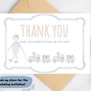 Tarjeta de agradecimiento de cumpleaños infantil con tren de madera, tarjeta de agradecimiento de cumpleaños Chugga Chugga, tarjetas imprimibles en PDF de cumpleaños para niños, tarjeta imprimible al instante