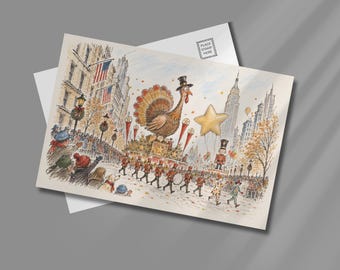 NYC Thanksgiving Parade Postcard, Watercolor Turkey Float, Holiday Art Print