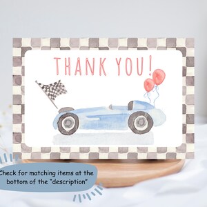 Two fast birthday thank you card, blue watercolor race car thank you card, printable kid racing birthday thank you cards, 2nd birthday boy