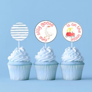 One silly goose cupcake toppers, one silly goose food picks, one silly goose birthday decor, goose food toppers, goose on the loose party