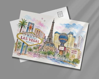 Las Vegas Postcard, Las Vegas Nevada Souvenir, Vegas Travel Postcard, Watercolor Vegas Skyline, Sin City Vacation Keepsake, Mailable Card