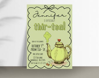 Invitación para el 30.º cumpleaños de Thir-Tea: Fiesta del té verde (Descarga digital, plantilla Canva de 13 x 18 cm)