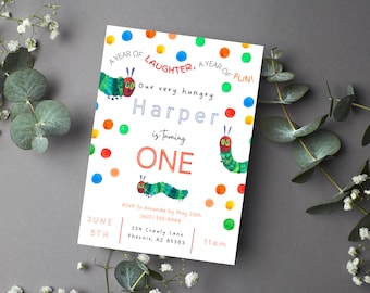 Digital download for caterpillar birthday party invitation. Editable invite. Printable invite. Polka dot invitation, caterpillar invite