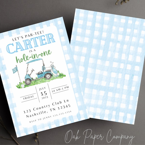 Hole in one first birthday invitation, golf birthday invite, blue seersucker golf birthday invitation, cute golfing blue kids invites