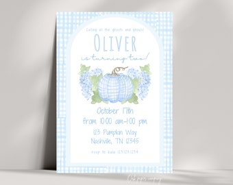 Blue Gingham Pumpkin Birthday Invitation: Preppy Fall Party