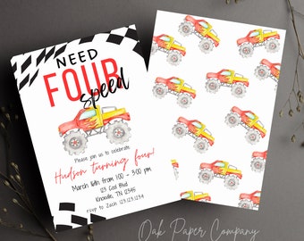 Need Four speed birthday invitation, fourth birthday invite, monster truck birthday invite, instant download, truck birthday 4th birthday