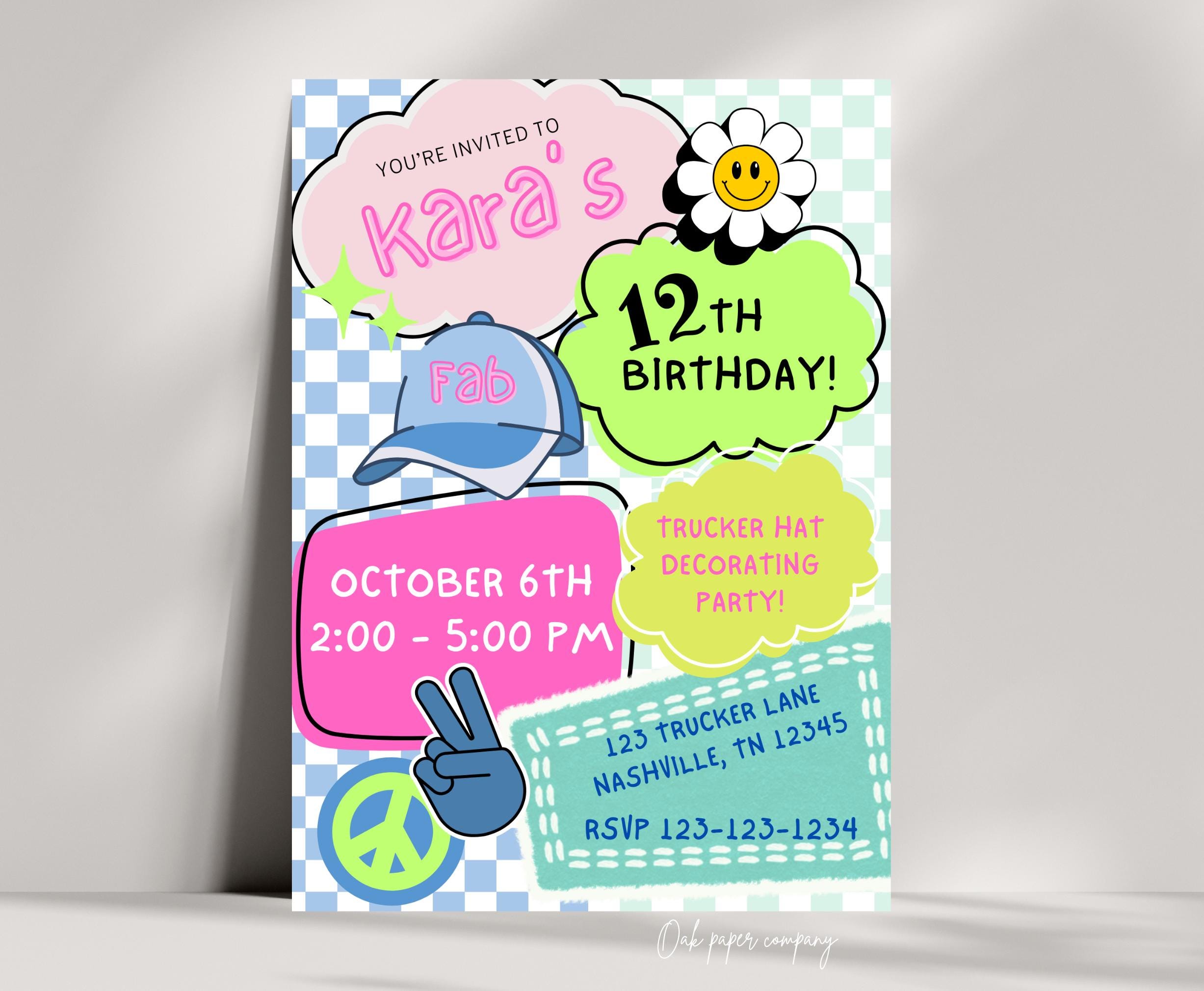 Trucker hat patch party invitation, trucker hat invite, editable for any age, instant download, Trucker hat birthday invite, retro hat party
