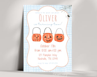 Boy Pumpkin Birthday Invitation: Blue Gingham Halloween Invite