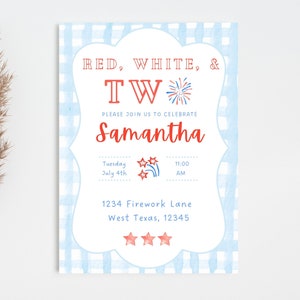 Red White and Blue Gingham 2nd Birthday Invitation
