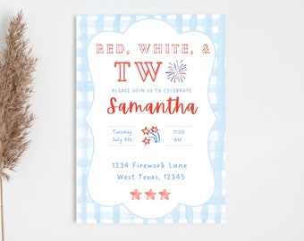 Red, white, and TWO birthday invitation instant download Blue gingham Fourth of July birthday invitation preppy invites southern gingham
