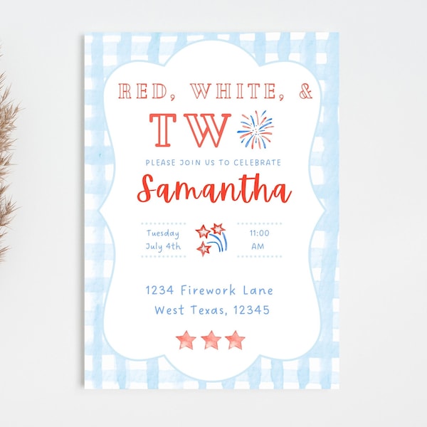 Red, white, and TWO birthday invitation instant download Blue gingham Fourth of July birthday invitation preppy invites southern gingham